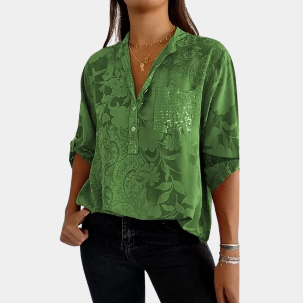 Damesblouse groen met verstelbare mouwen, bloemenpatroon, borstzak, casual chique stijl. Perfect voor modieuze damesoutfits.