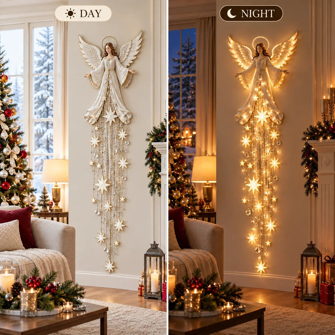 Kerstengel wandlamp met aureool en vallende sterren, warmwit