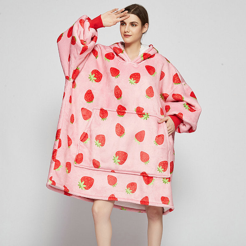 Draagbare deken hoodie met vrolijke print, dubbellaags flanel