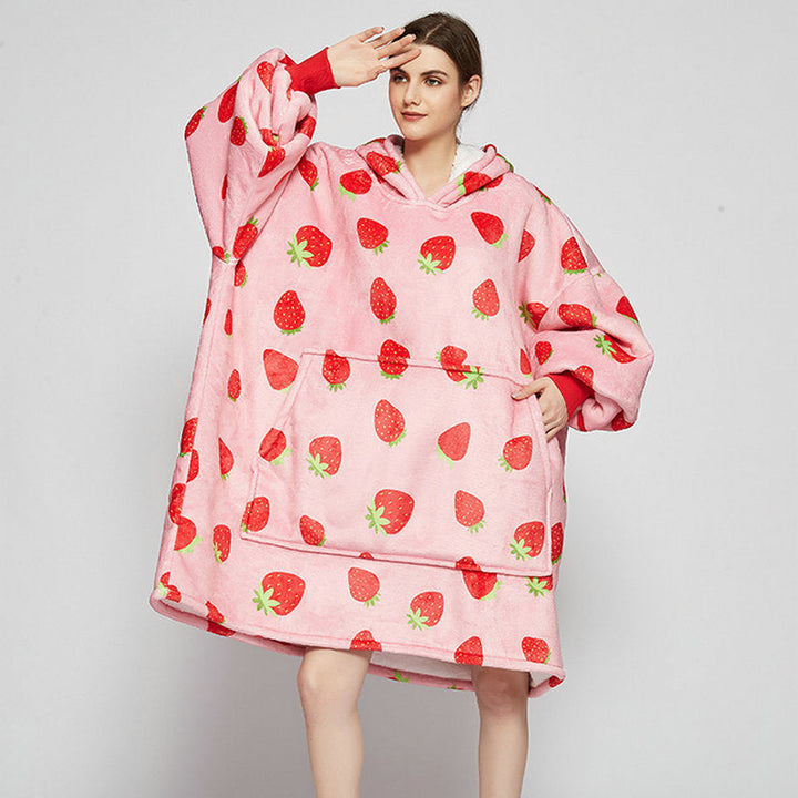 Draagbare deken hoodie met vrolijke print, dubbellaags flanel