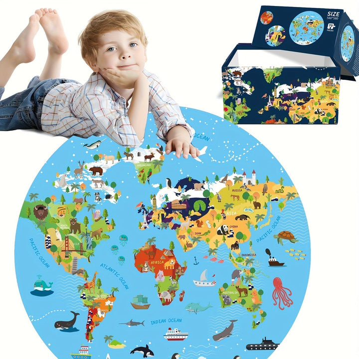 Vloerpuzzel van 70 Stukjes – Rond Wereldkaartdesign voor Kinderen