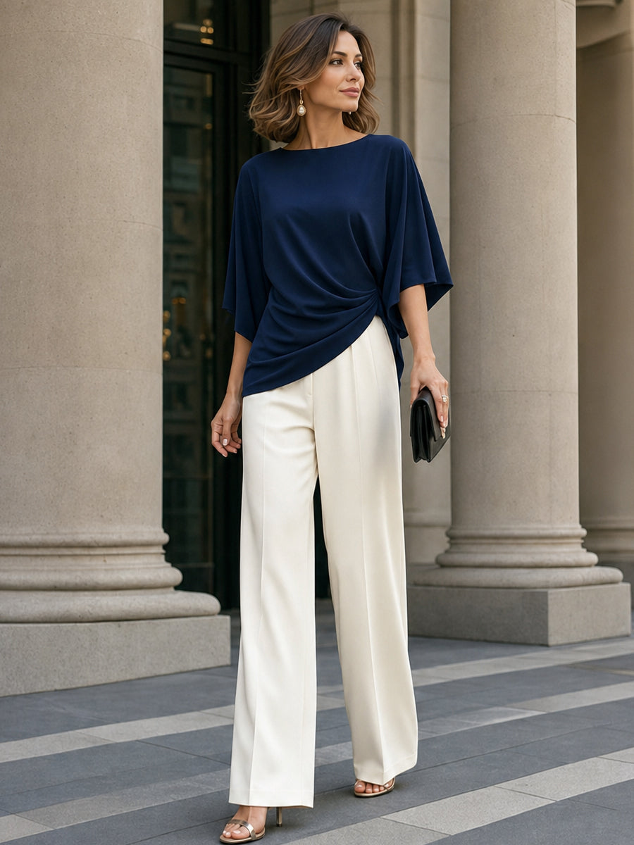 Gedrapeerde blouse en broek met wijde pijpen – tweedelig