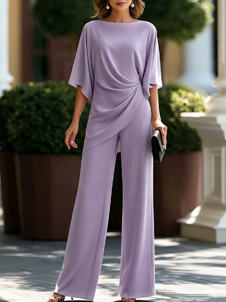 Gedrapeerde blouse en broek met wijde pijpen – tweedelig
