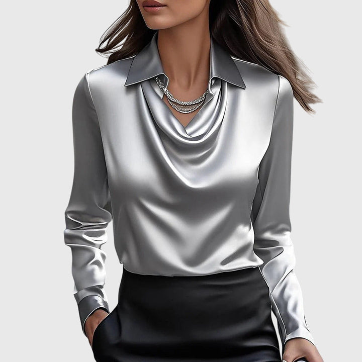 Satijnen blouse voor dames met watervalhals - Topje met lange mouwen en kraag voor werk en avond