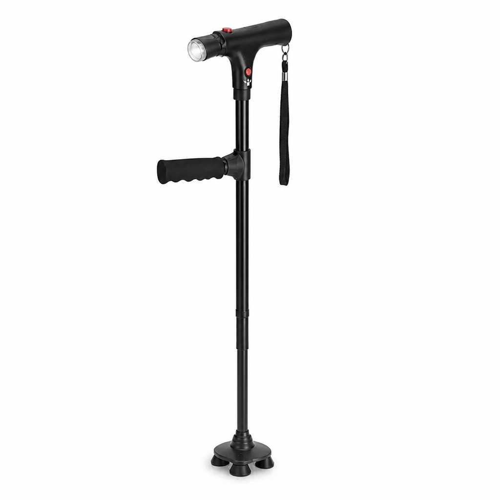 Lichte opvouwbare aluminium wandelstok met 4-puntsvoet, LED-licht en alarm