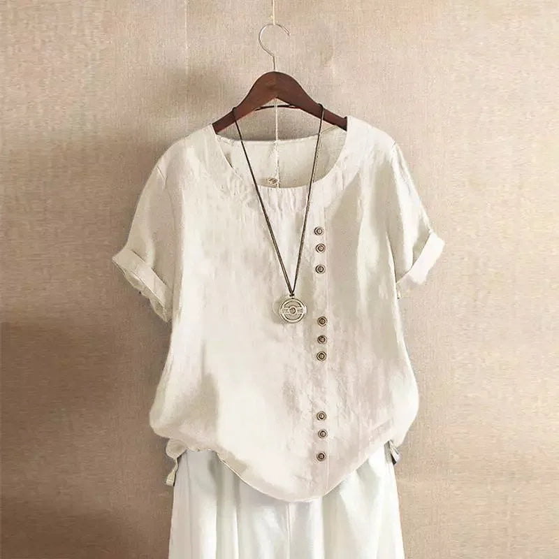 Elegante katoenmixen Dames Blouse met Korte Mouwen en Knoop details