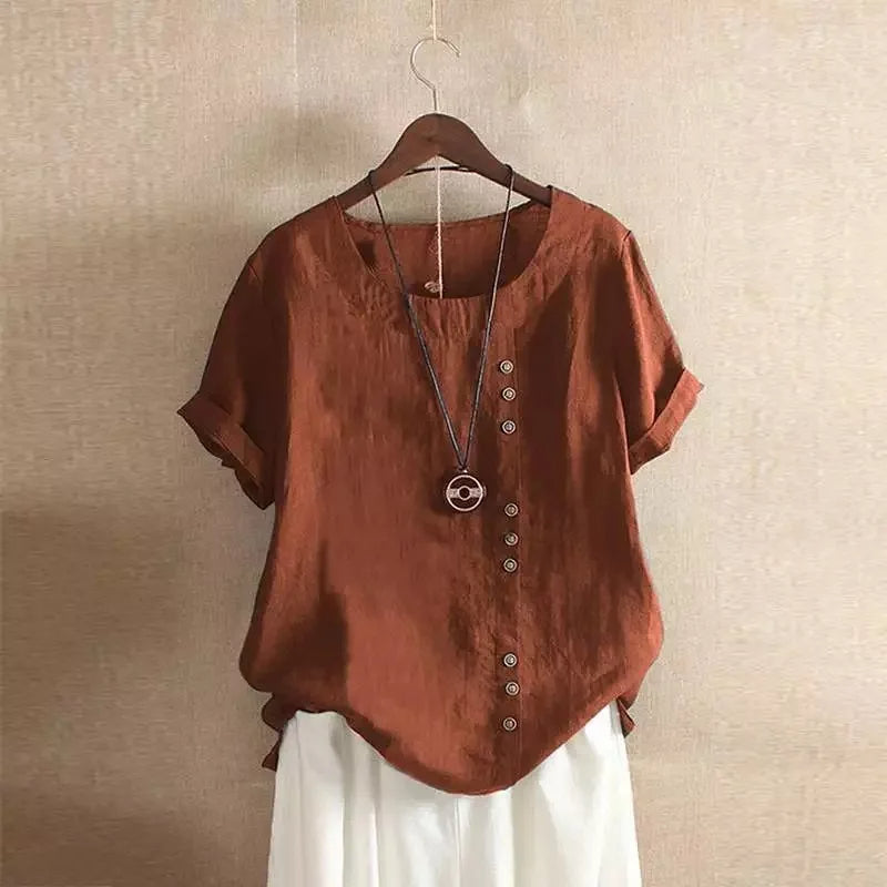Elegante katoenmixen Dames Blouse met Korte Mouwen en Knoop details