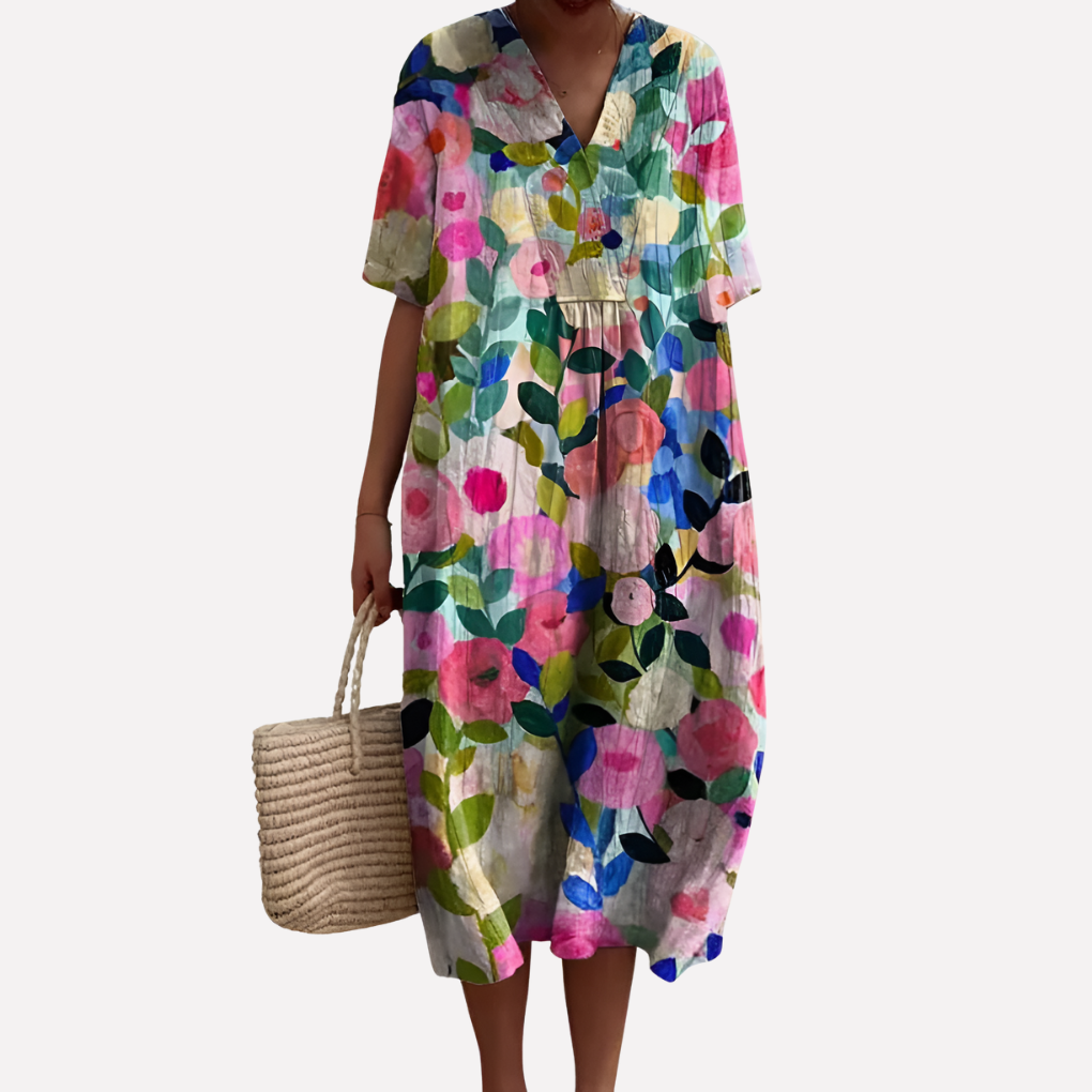 Dames Floral Zomerjurk – V-Hals & Korte Mouwen
