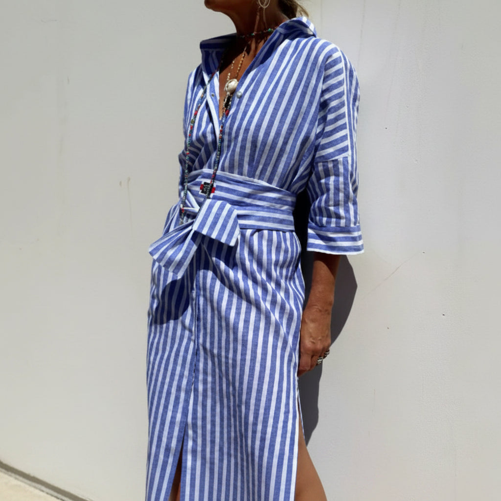 Striped Shirt Dress With Belt Fashion Half-sleeved Lapel Button Cardigan Dresses Women's Clothing