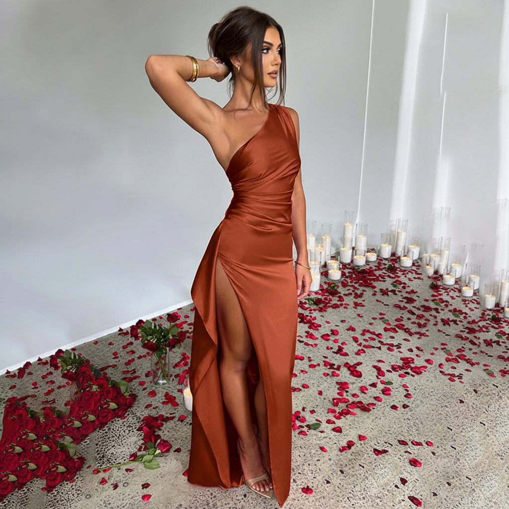 Sexy One-shoulder Backless Slit Dress Summer Elegant Slim-fit Solid Color Satin Dresses For Women