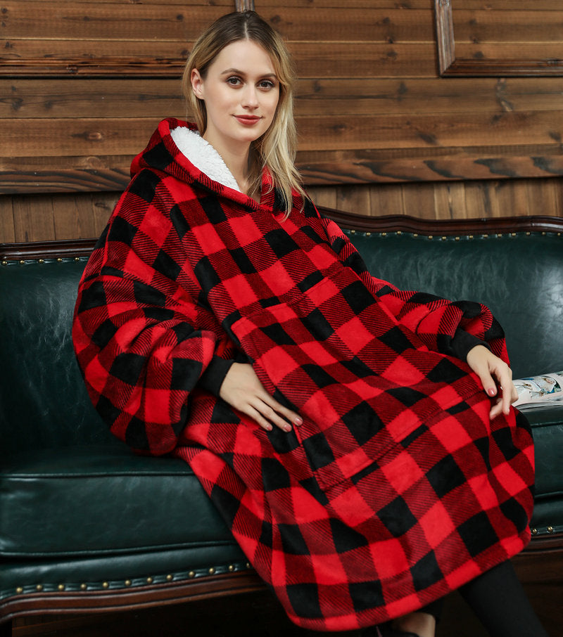 Draagbare deken hoodie met vrolijke print, dubbellaags flanel