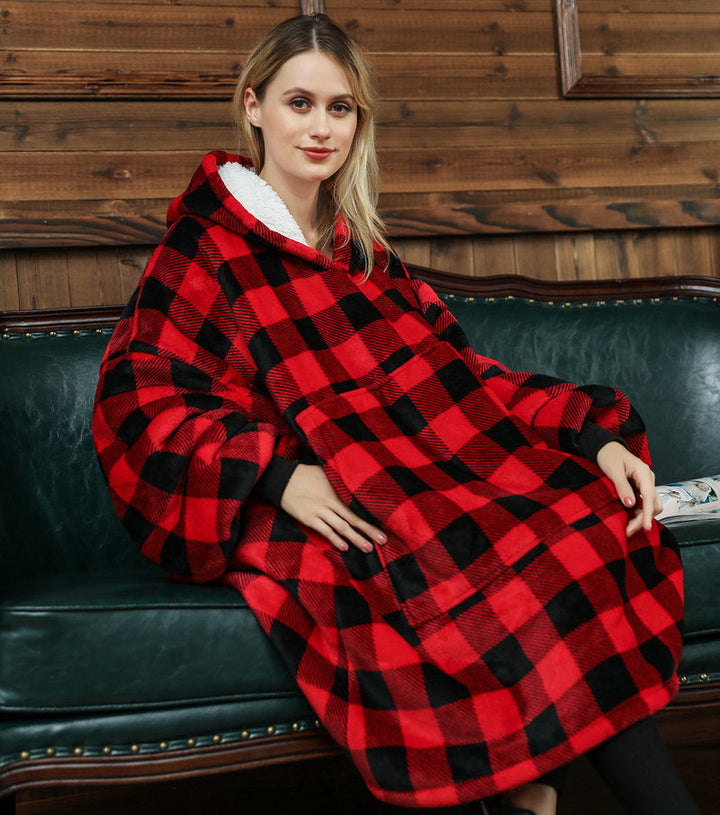 Draagbare deken hoodie met vrolijke print, dubbellaags flanel