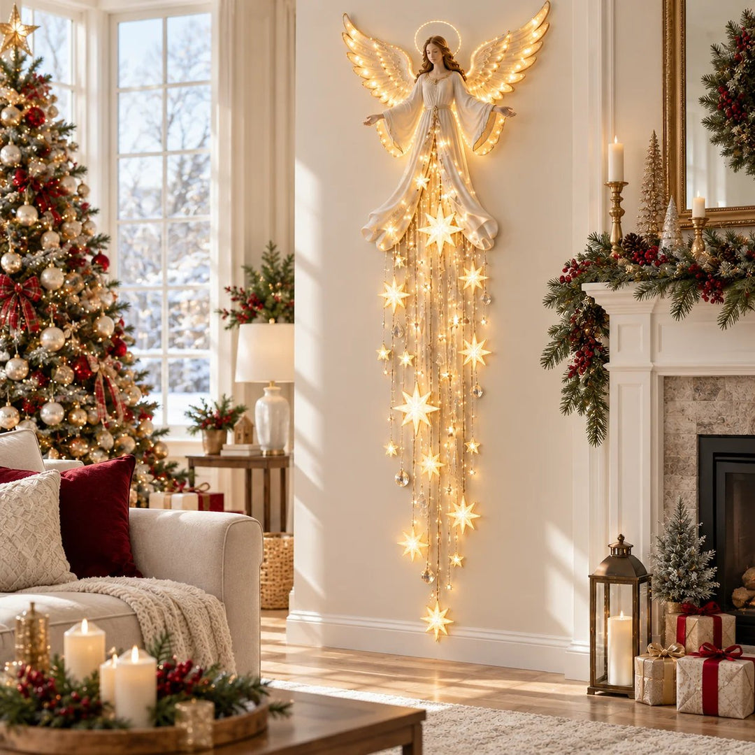 Engel kerst wandlamp met halo en neerstortende sterren, warm wit