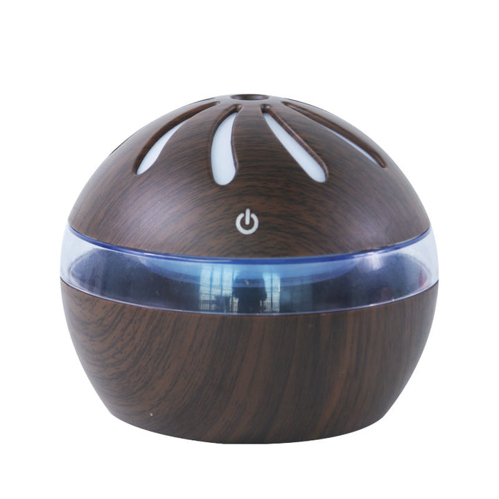 Ronde luchtbevochtiger in houtlook met sfeerlicht, via USB