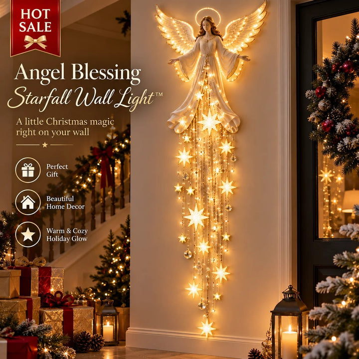 Engel kerst wandlamp met halo en neerstortende sterren, warm wit