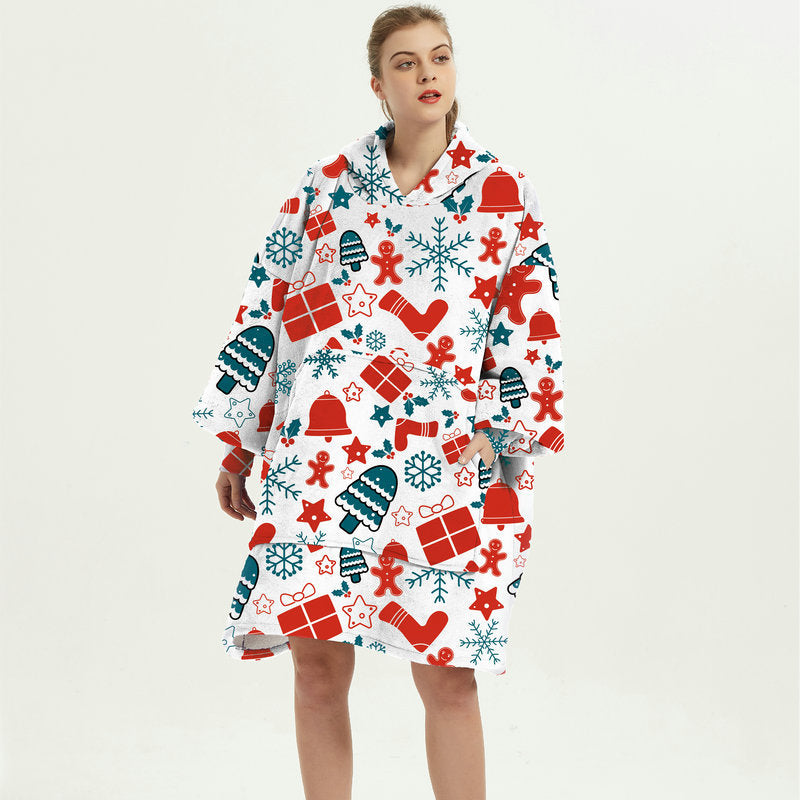 Draagbare deken hoodie met vrolijke print, dubbellaags flanel