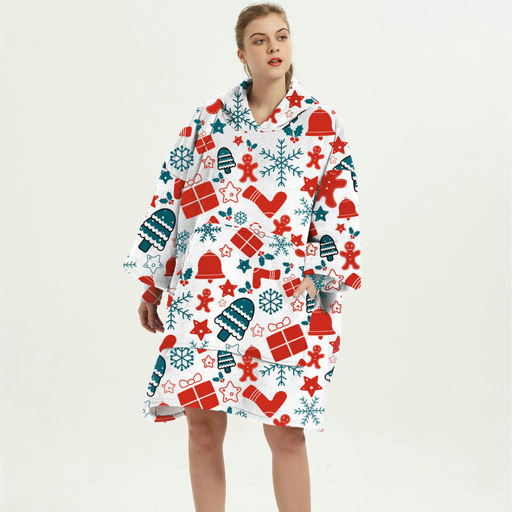 Draagbare deken hoodie met vrolijke print, dubbellaags flanel