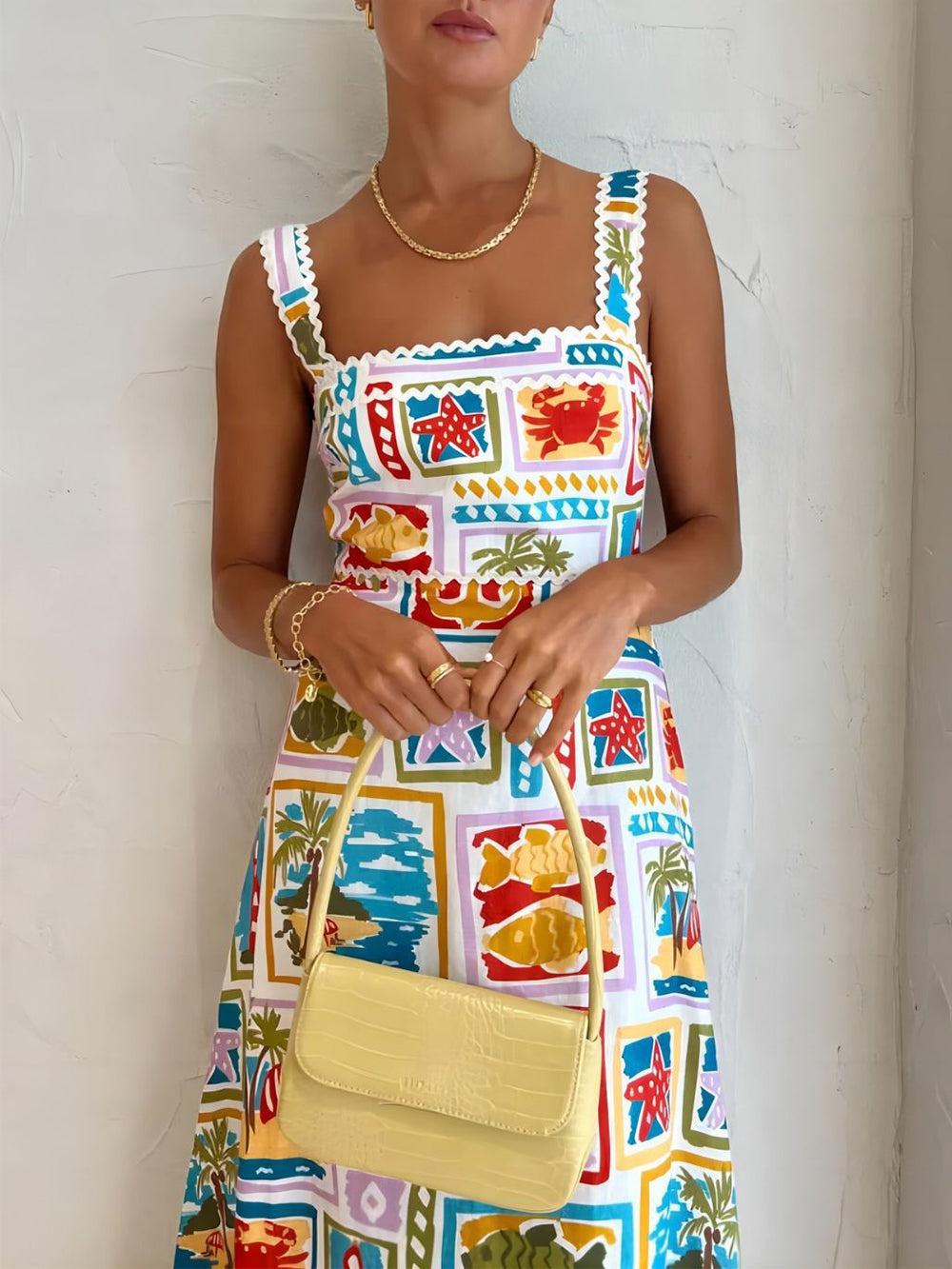 Sienna - Tropische Maxi-Jurk met Vierkante Hals en Zomerse Print - SkinzLine