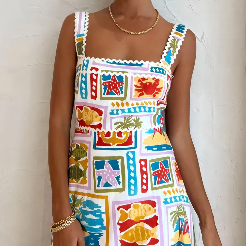 
                  
                    Sienna - Tropische Maxi-Jurk met Vierkante Hals en Zomerse Print - SkinzLine
                  
                