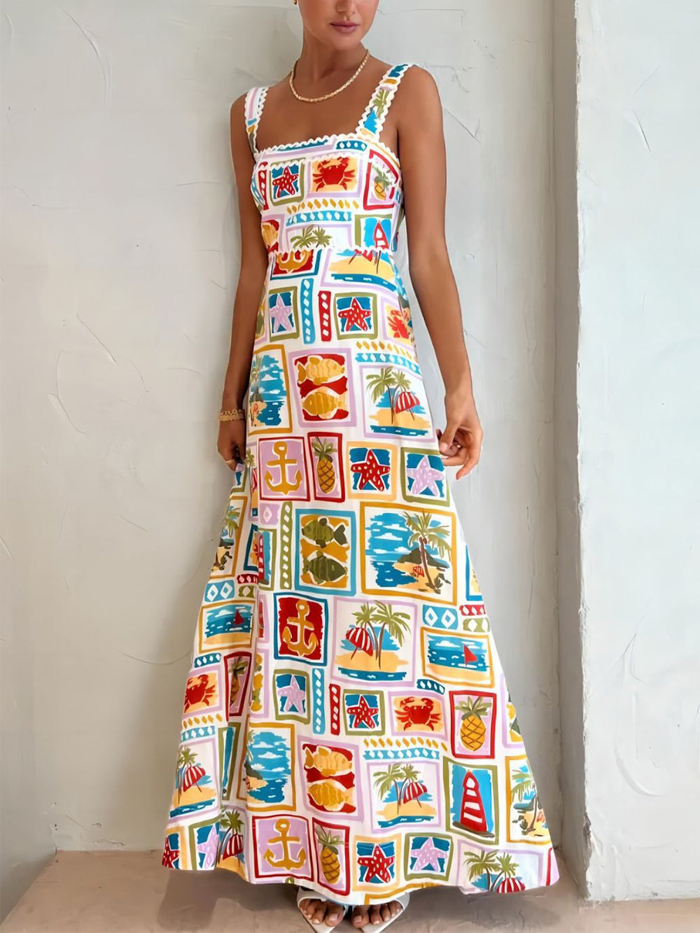 Sienna - Tropische Maxi-Jurk met Vierkante Hals en Zomerse Print - SkinzLine