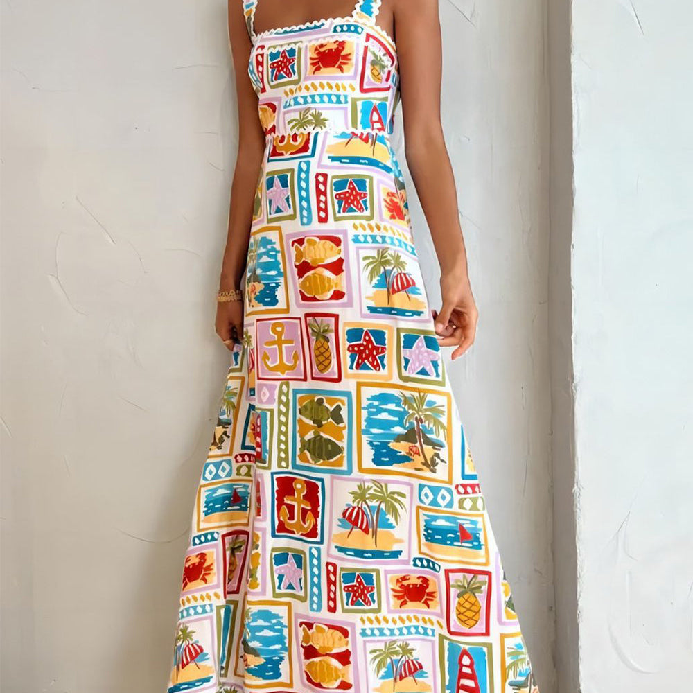 
                  
                    Sienna - Tropische Maxi-Jurk met Vierkante Hals en Zomerse Print - SkinzLine
                  
                