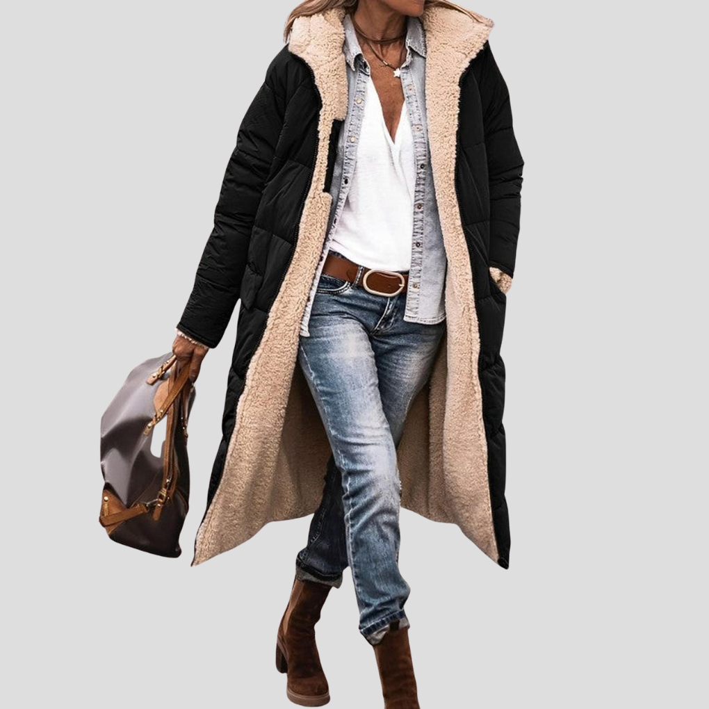 Lange omkeerbare winterjas voor dames - capuchon met teddyvoering