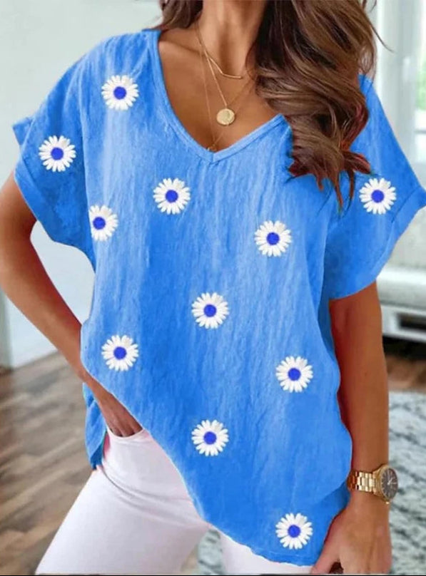 Ainara – Comfortabel V-Hals T-Shirt met 3D Bloemenprint