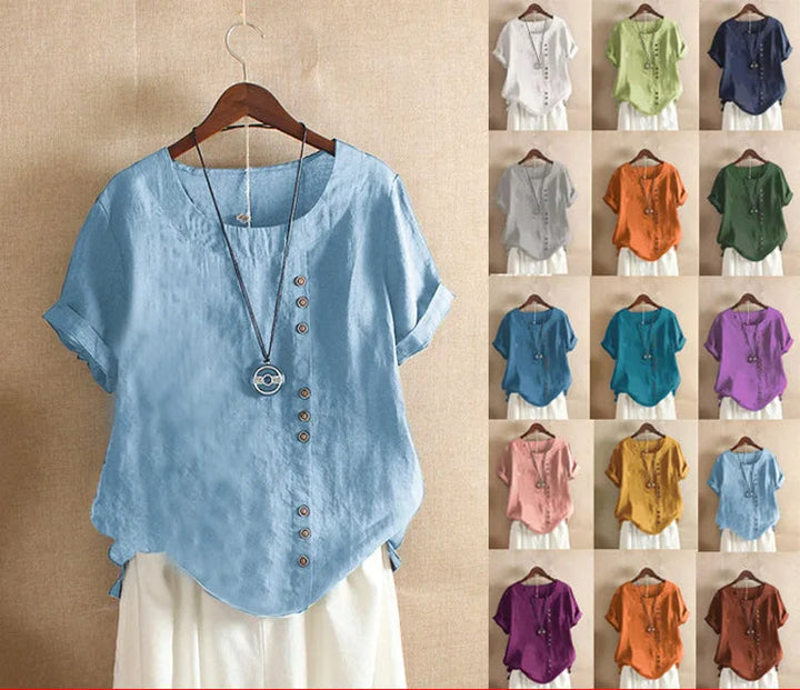 Elegante katoenmixen Dames Blouse met Korte Mouwen en Knoop details