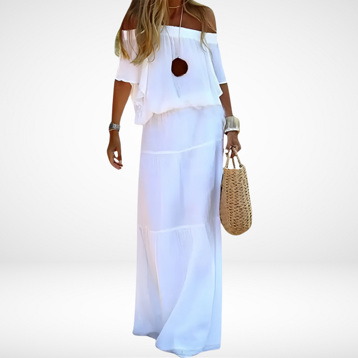 Elegante Witte Maxi Strandjurk met Off-Shoulder Design