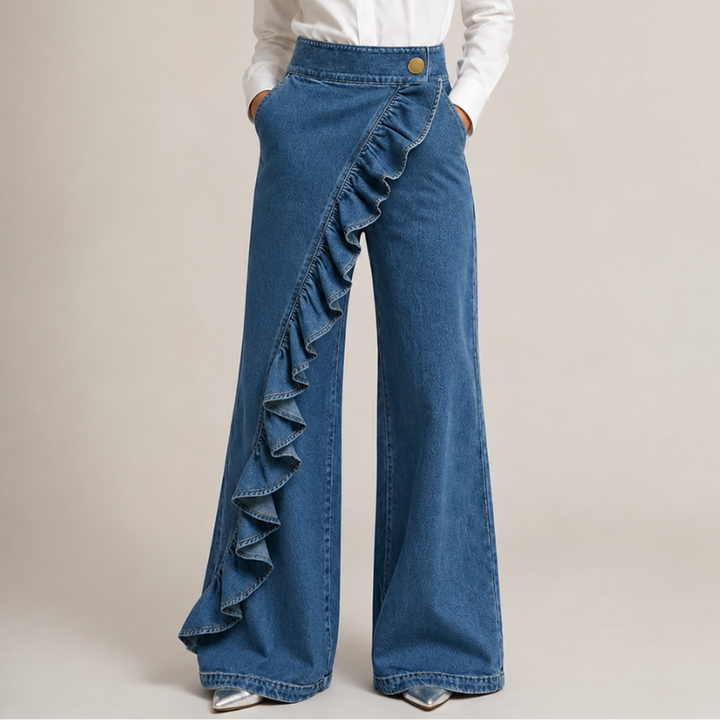Dames wijde denimbroek met asymmetrische ruche, culotte-stijl