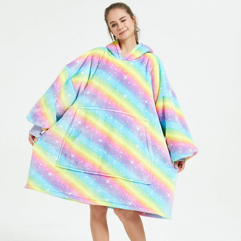 Draagbare deken hoodie met vrolijke print, dubbellaags flanel