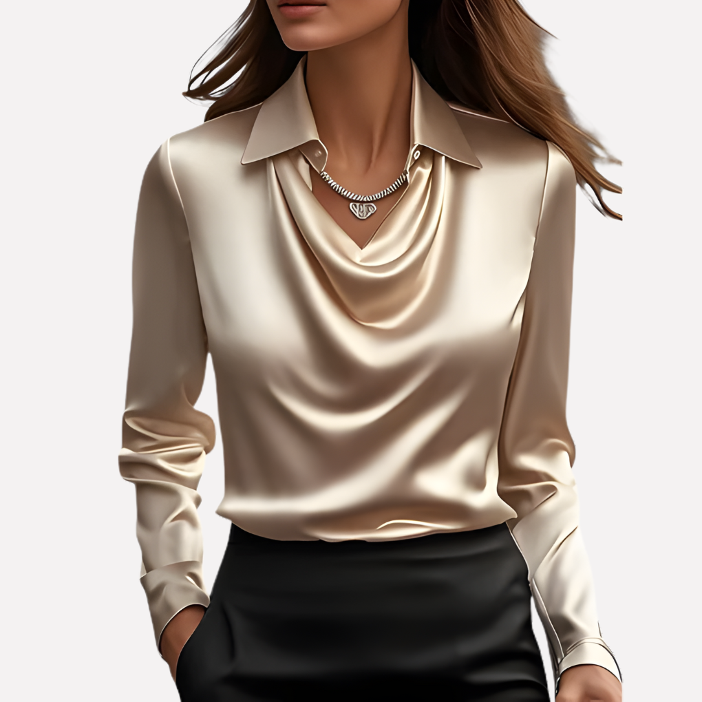 Dames Satijnen Blouse met Gedrapeerde Kraag