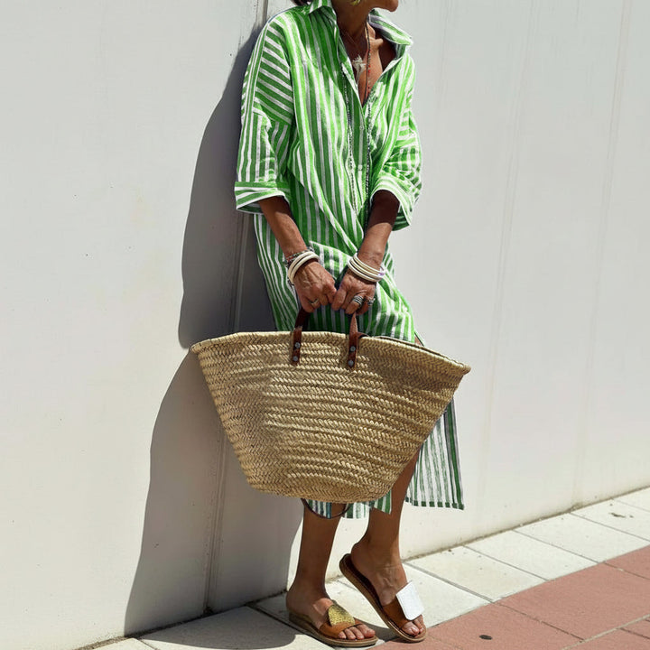 Striped Shirt Dress With Belt Fashion Half-sleeved Lapel Button Cardigan Dresses Women's Clothing