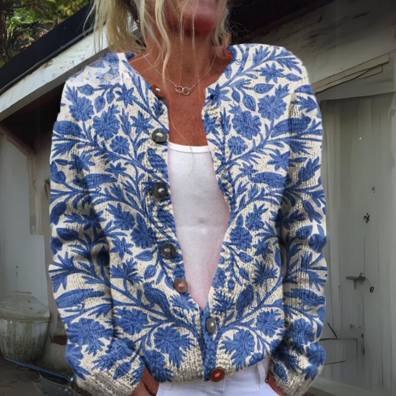 Gebloemde cardigan - gebreide damestrui met knoopdetails - Bakkermode.nl