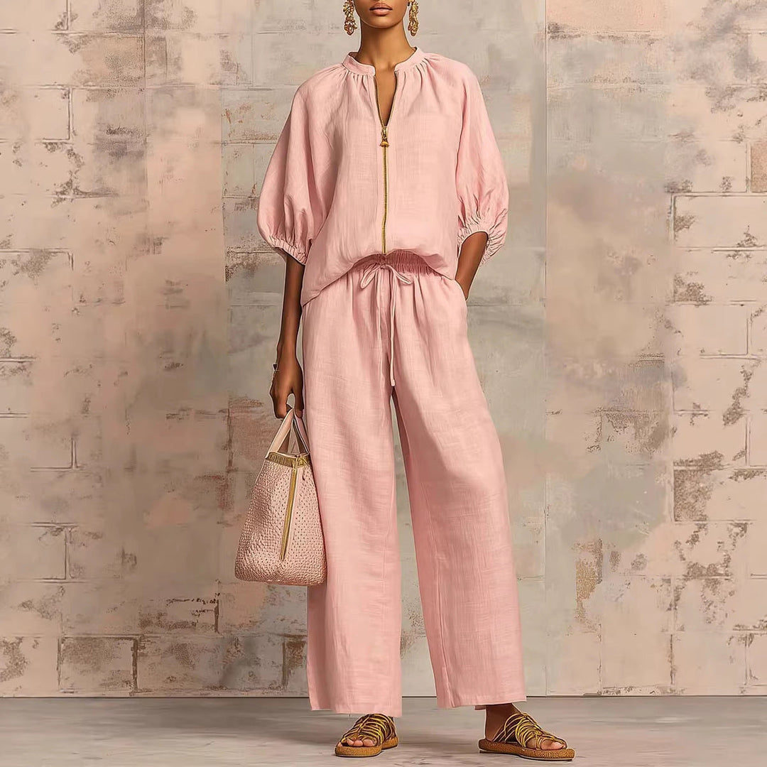 Casual Relaxed-fit Solid-color Zip-up Crew-neck Wide-leg Pants Set
