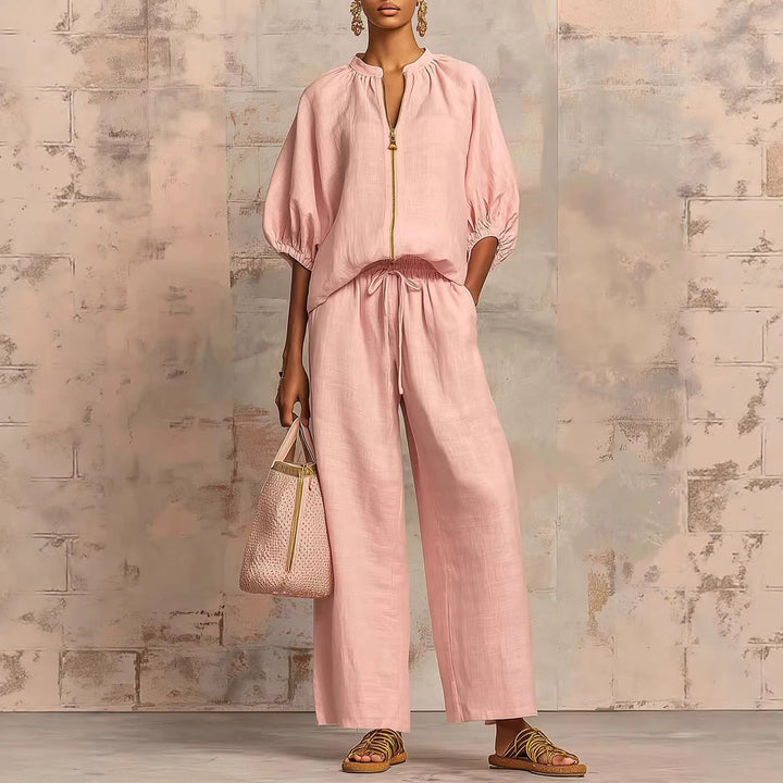 Casual Relaxed-fit Solid-color Zip-up Crew-neck Wide-leg Pants Set