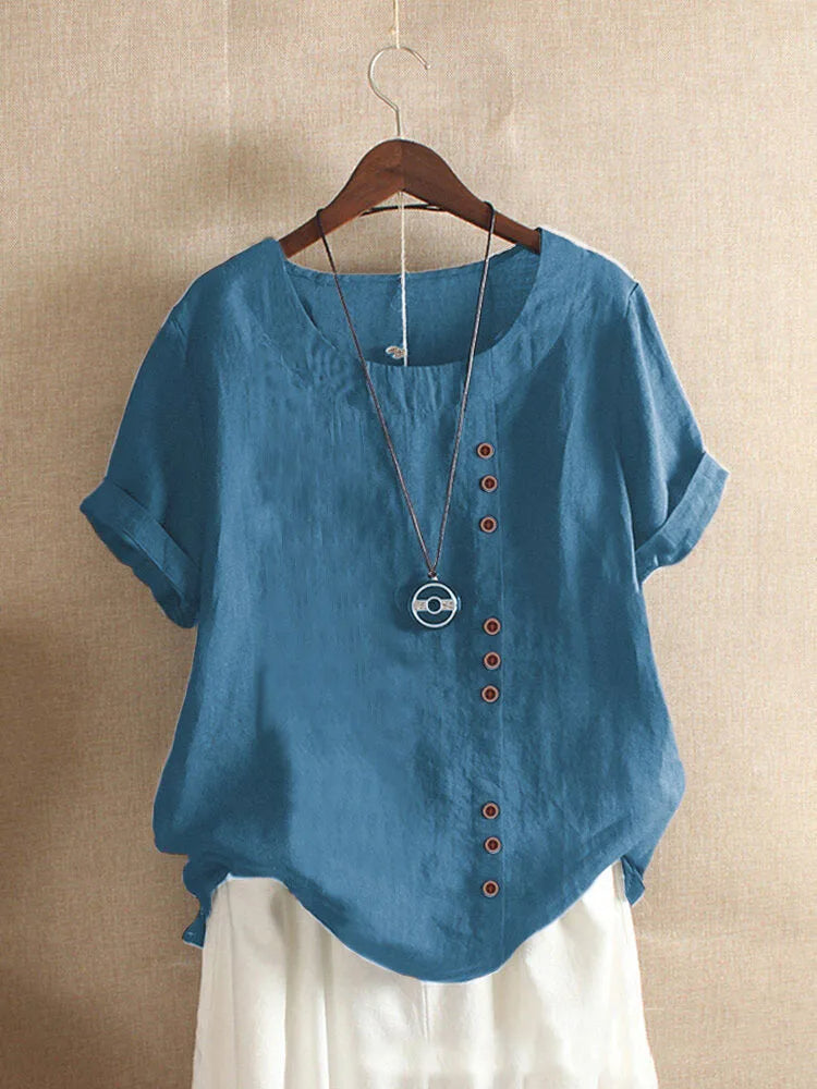 Elegante katoenmixen Dames Blouse met Korte Mouwen en Knoop details