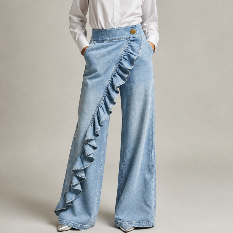 Wijde dames-jeansbroek met asymmetrische volant in culotte-stijl.