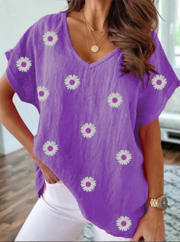 Ainara – Comfortabel V-Hals T-Shirt met 3D Bloemenprint