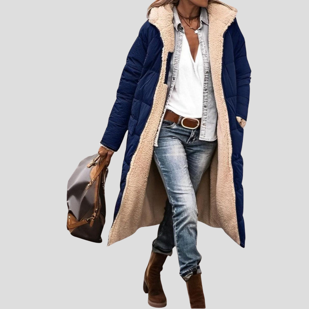 Lange omkeerbare winterjas voor dames - capuchon met teddyvoering