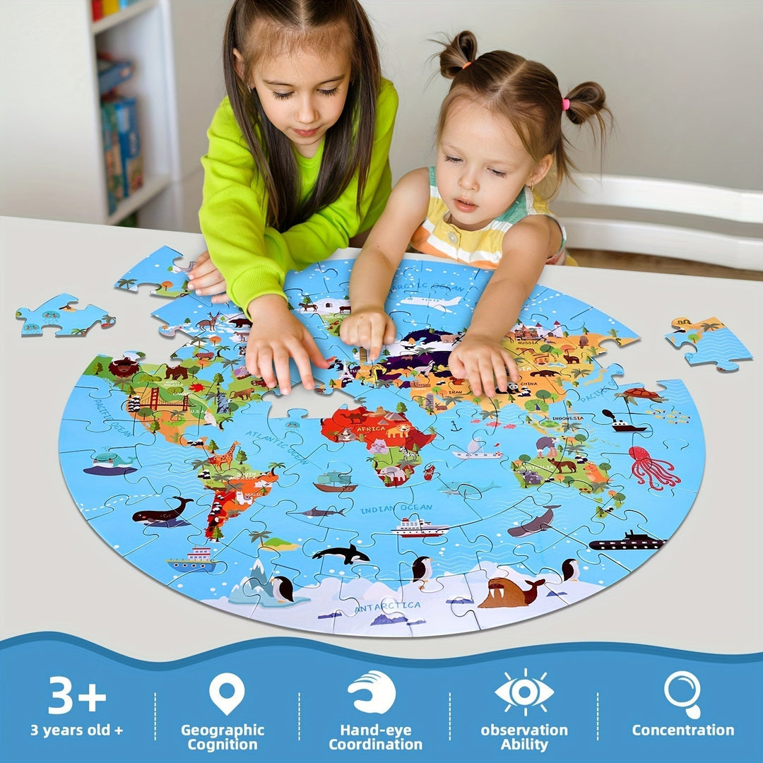 Vloerpuzzel van 70 Stukjes – Rond Wereldkaartdesign voor Kinderen