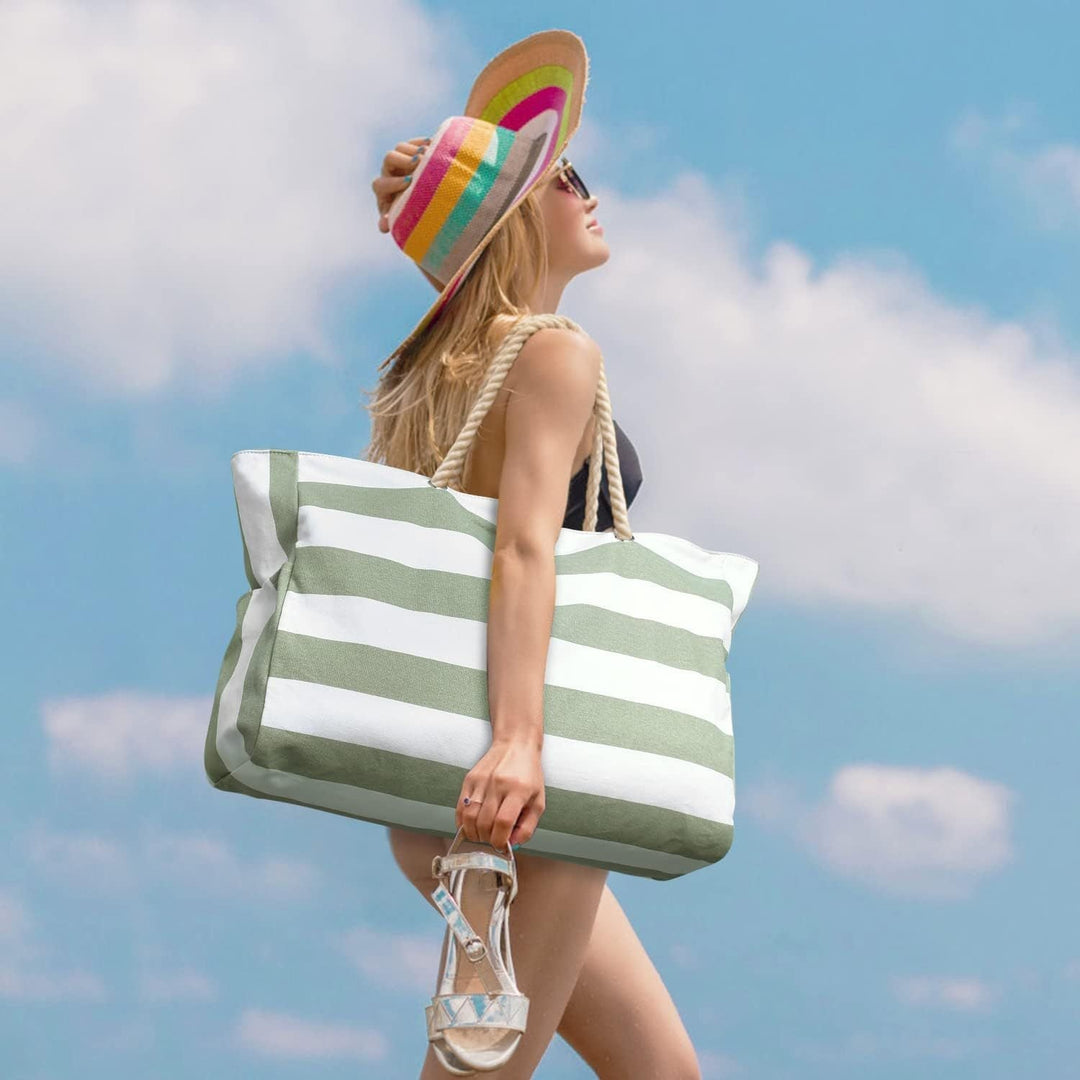 Gestreepte Strandtas met Grote Capaciteit – Duurzaam Polyester met Rits