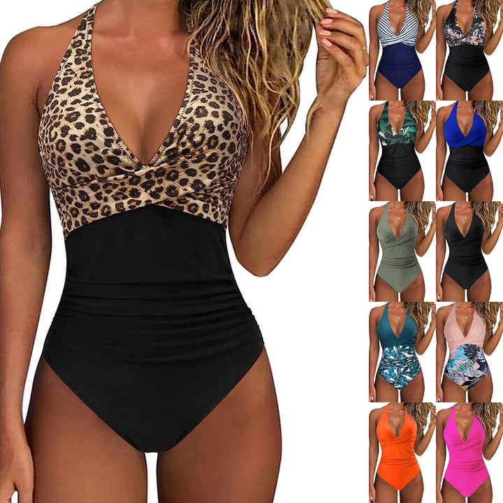 Leopard Print One-piece Swimsuit Sexy V-neck Bodysuit Summer Beach Swimwear Clothing