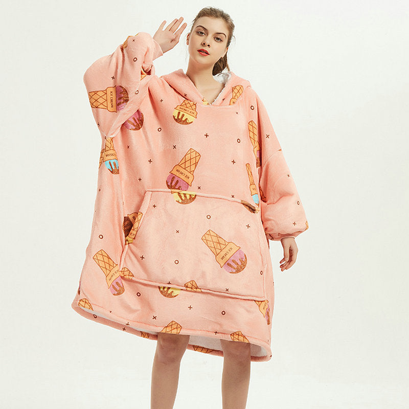 Draagbare deken hoodie met vrolijke print, dubbellaags flanel