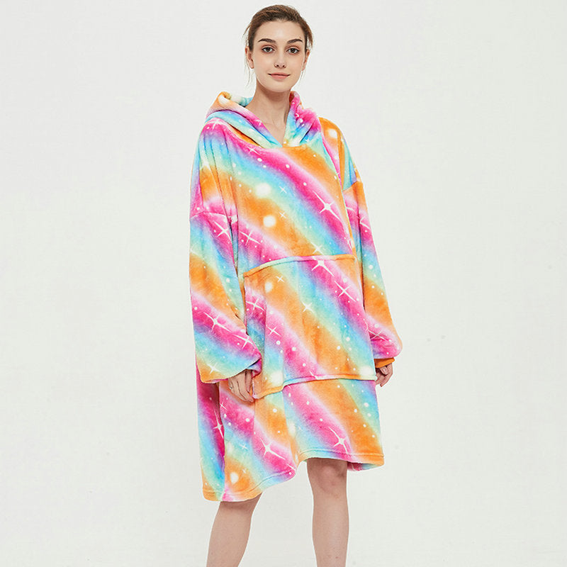 Draagbare deken hoodie met vrolijke print, dubbellaags flanel