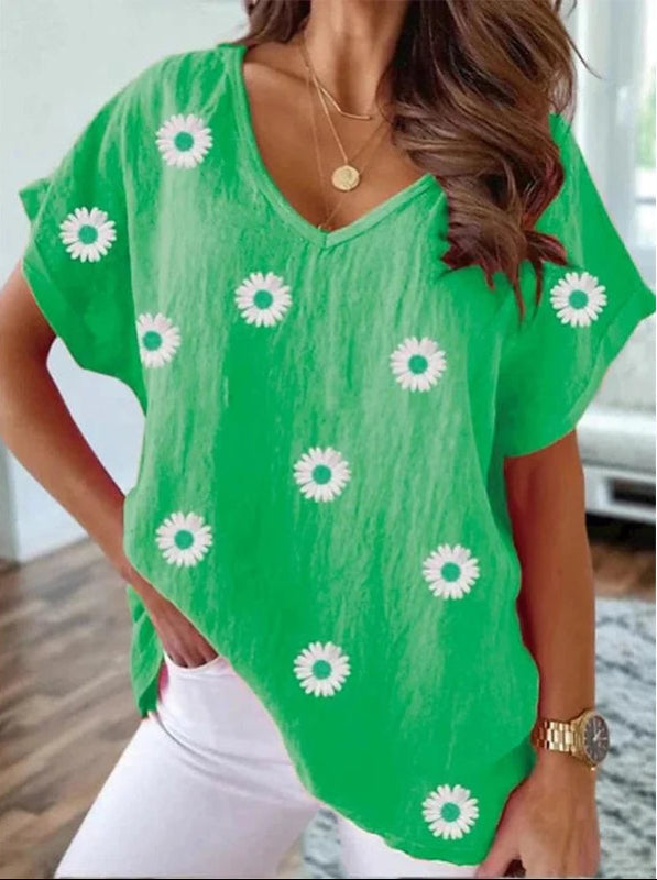 Ainara – Comfortabel V-Hals T-Shirt met 3D Bloemenprint