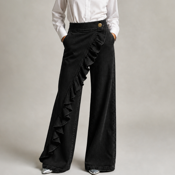 Dames wijde denimbroek met asymmetrische ruche, culotte-stijl