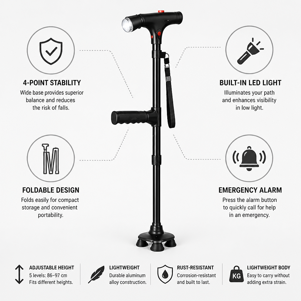 Lichte opvouwbare aluminium wandelstok met 4-puntsvoet, LED-licht en alarm