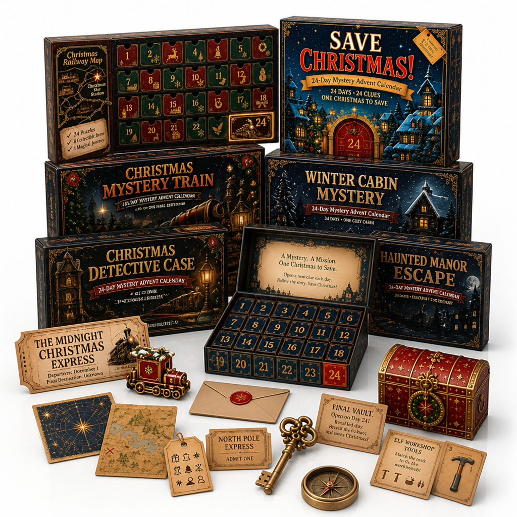 24-daagse escaperoom-puzzel-adventskalender met 6 geheime thema's