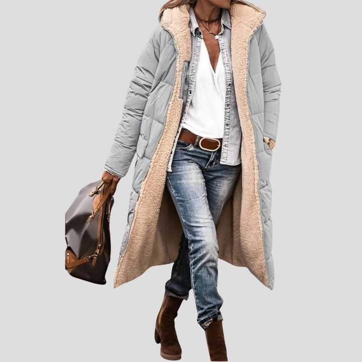 Lange omkeerbare winterjas voor dames - capuchon met teddyvoering